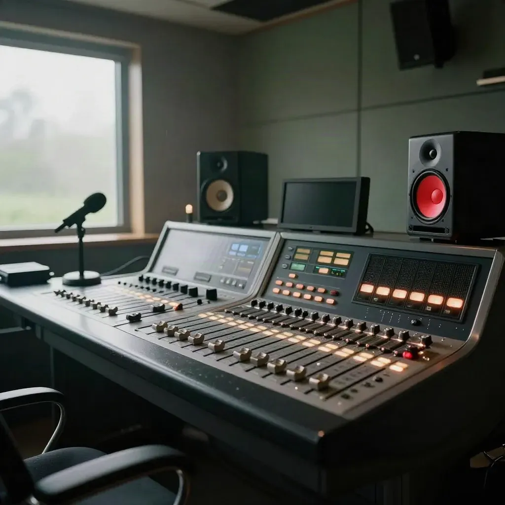 Moody broadcast control room with glowing on-air lamp, consoles, mics and dawn haze.