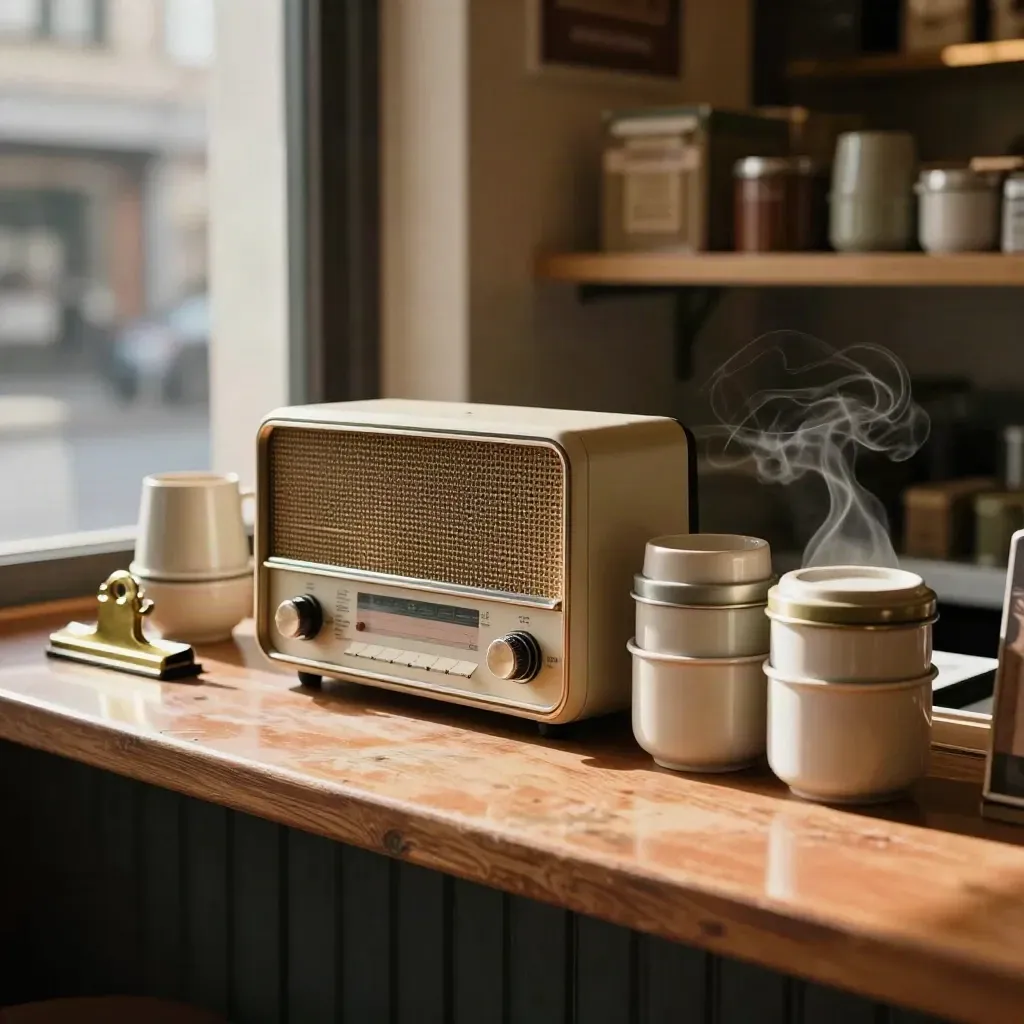 Radio counter with cups, tins and brass clips in a warm shop corner, sunlit and steaming.