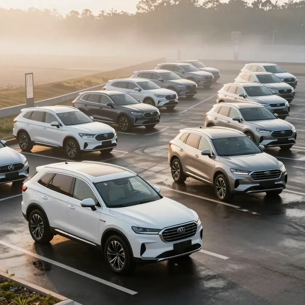 Dawn dealership lot packed with polished SUVs and sedans on wet pavement and mist.