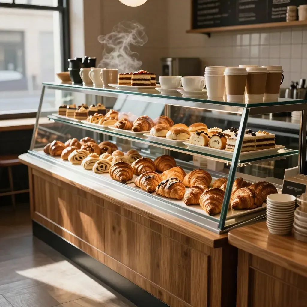 Cozy café counter with pastry case, stacked mugs, takeaway cups and lunch trays in warm afternoon light.