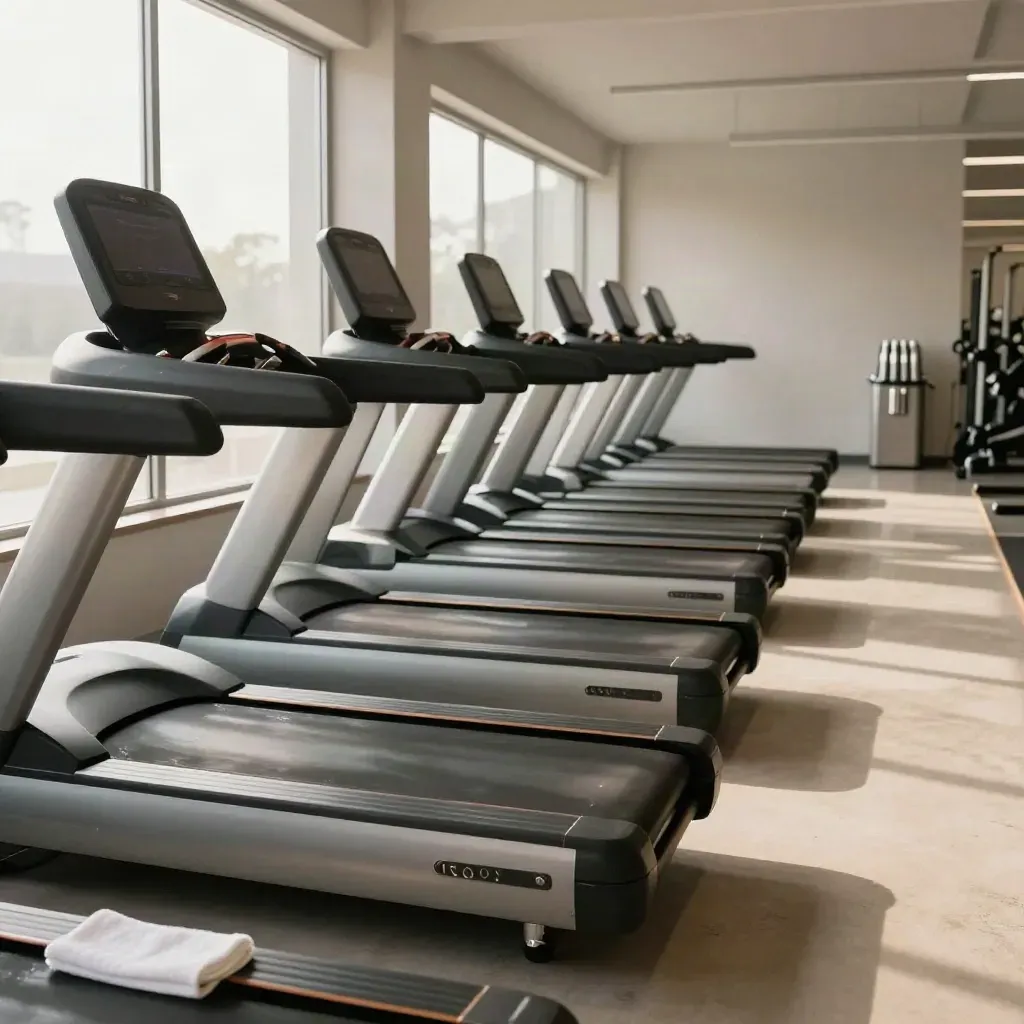 Prepped gym with aligned treadmills, rolled mats, towels, and a water station in cool airy light.
