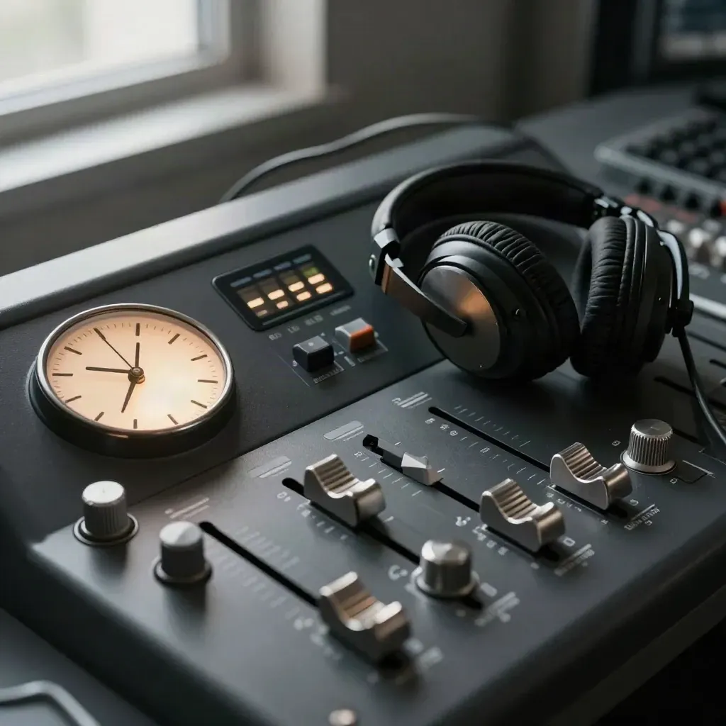 Broadcast tools on a dark console: clock, cue timer, headphones and tally lamp in dramatic studio light.