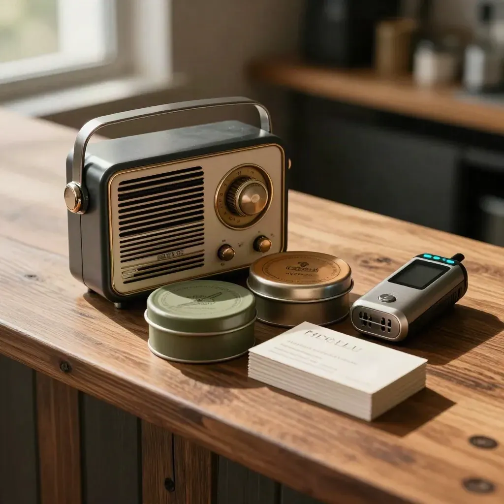 Sponsor tools on a walnut counter: mini radio, tins, recorder and face-down cards.
