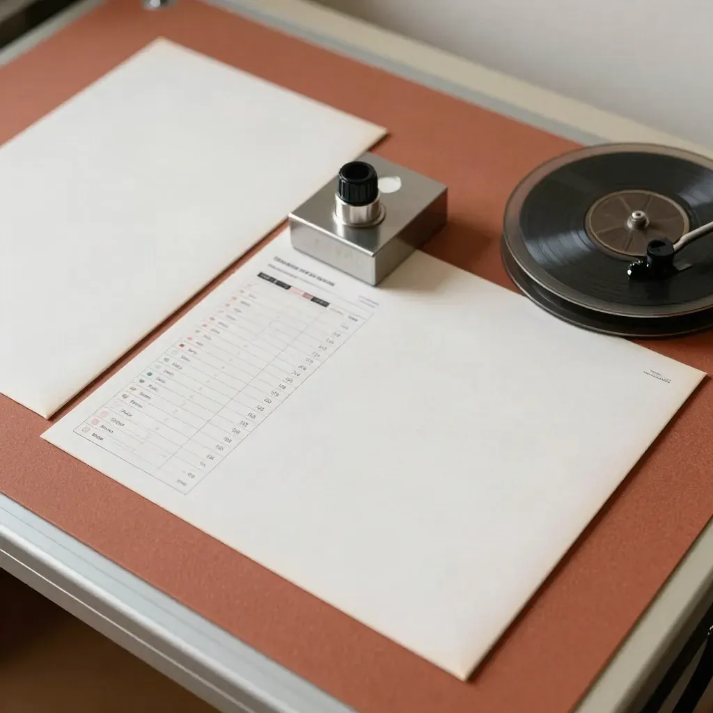 Vinyl sleeves, cue markers and a tape reel on a terracotta work surface.
