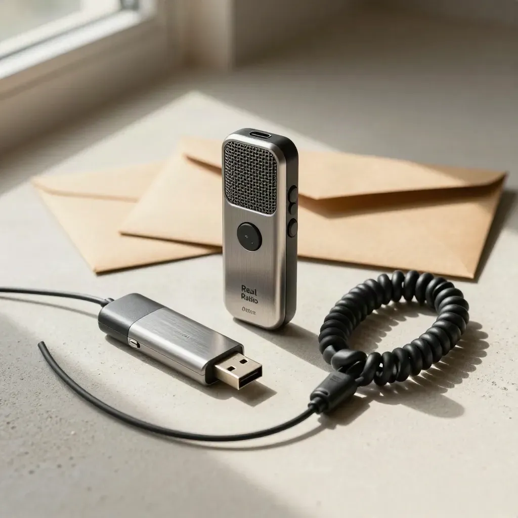 USB submission kit with recorder, aux cable, and sealed envelope on pale concrete.