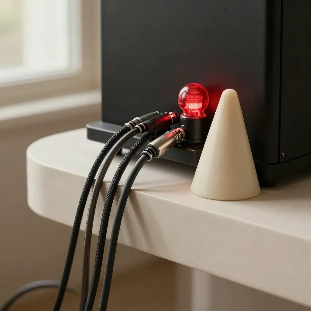 Broadcast cables, tally bulb, and cue wedge on a compact console cart in soft light.