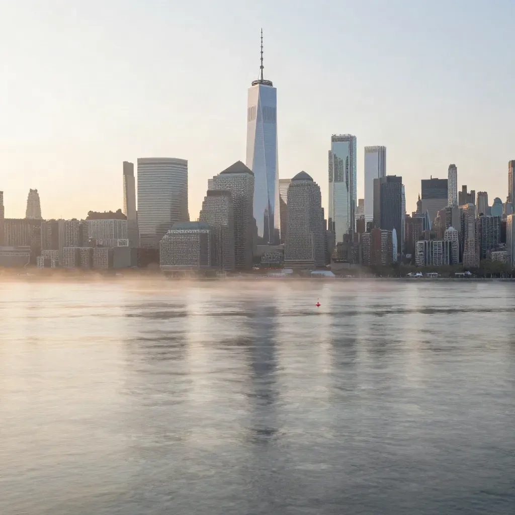 Manhattan skyline over the East River at sunrise with calm haze and water