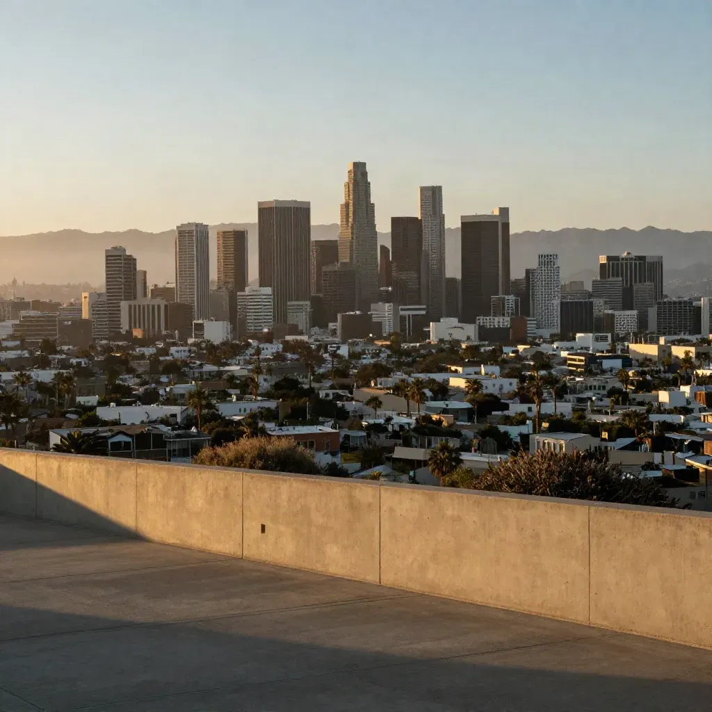 Golden-hour Los Angeles skyline above a haze-soft basin and distant mountains