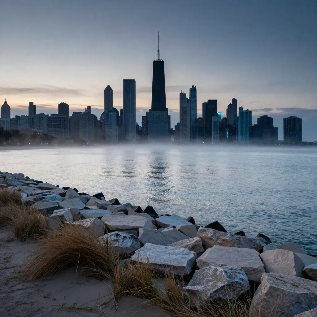 Chicago skyline at blue hour above a misty lakefront with calm open water and subtle cyan glints.